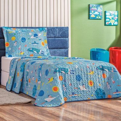 Kit Colcha + Jogo De Cama Bouti Kids Solteiro Infantil 5 Peças 100% Poliéster - Astronauta