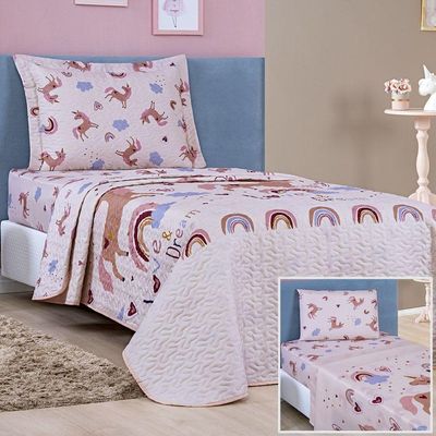 Kit Colcha + Jogo De Cama Bouti Kids Solteiro Infantil 5 Peças 100% Poliéster - Unicórnio