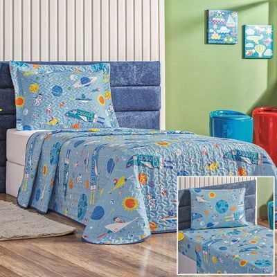 Kit Colcha + Jogo De Cama Bouti Kids Solteiro Infantil 5 Peças 100% Poliéster - Astronauta