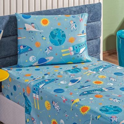 Kit Colcha + Jogo De Cama Bouti Kids Solteiro Infantil 5 Peças 100% Poliéster - Astronauta