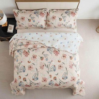 Kit Cobre Leito Colcha Magnus Casal 3 Peças Dupla Face Estampado Floral - Rosa - 100% Poliéster