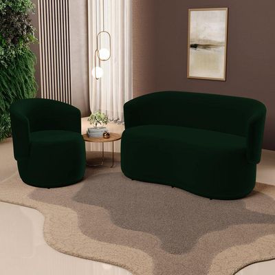 Kit 2 Poltronas E 1 Namoradeira Aisha Orgânica Veludo Verde Escuro - Abmaza