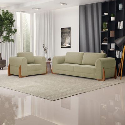 Kit Poltrona E Sofá Bloom 200cm 03 Lugares Com Pés De Madeira Bouclê Bege - Abmaza