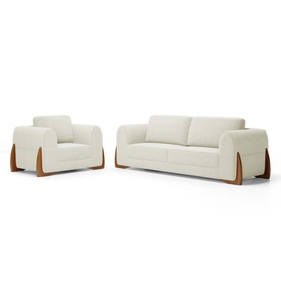 Kit Poltrona E Sofá Bloom 200cm 03 Lugares Com Pés De Madeira Bouclê Off White - Abmaza