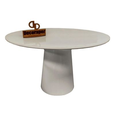 Mesa Jantar Cone Laqueado Tampo Redondo Laca Com Vidro 110cm Off White