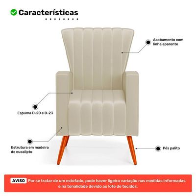 Poltrona Decorativa Melody Com Pés Palito Veludo Bege - Abmaza