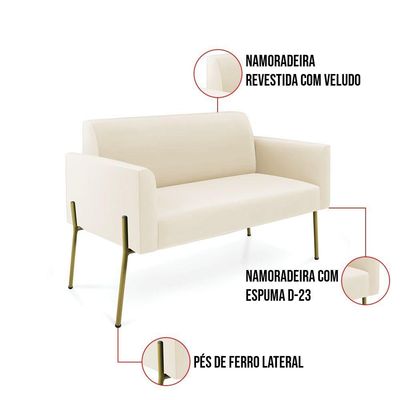 Sofá Namoradeira E 2 Poltronas Pé De Ferro Dourado Marisa Veludo Cor Bege