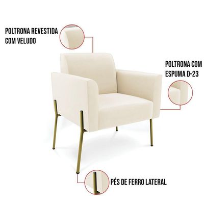 Sofá Namoradeira E 2 Poltronas Pé De Ferro Dourado Marisa Veludo Cor Bege