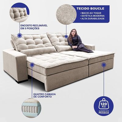 Sofá Retrátil E Reclinável 2,12m Molas Ensacadas Belle. Boucle Cama Inbox Bege Claro