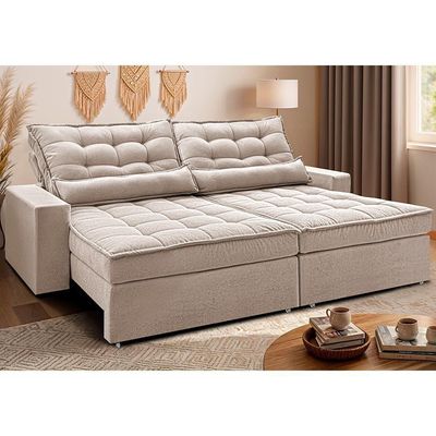 Sofá Retrátil E Reclinável 2,12m Molas Ensacadas Belle. Boucle Cama Inbox Bege Claro