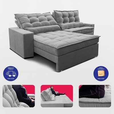 Sofá Retrátil E Reclinável 2,12m Molas Ensacadas Belle. Boucle Cama Inbox Cinza Claro