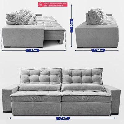 Sofá Retrátil E Reclinável 2,12m Molas Ensacadas Belle. Boucle Cama Inbox Cinza Claro
