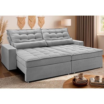 Sofá Retrátil E Reclinável 2,12m Molas Ensacadas Belle. Boucle Cama Inbox Cinza Claro