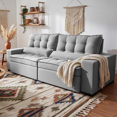 Sofá Retrátil E Reclinável 2,12m Molas Ensacadas Belle. Boucle Cama Inbox Cinza Claro