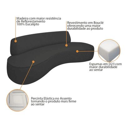 Sofá Curvo 3 Lugares Orgânico Amsterdã 180cm Bouclé Preto- Mabe Magazine