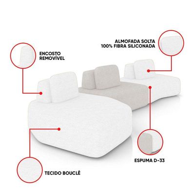 Sofá 3 Lugares Orgânico Com Chaise E 2 Módulos Berlim Bouclê Off White-cinza Claro K01 - D'rossi