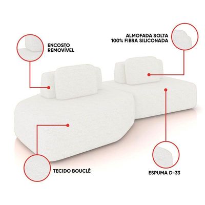 Sofá 2 Lugares Orgânico Com Chaise E 1 Módulo Central Berlim Bouclê K01 - D'rossi Off White