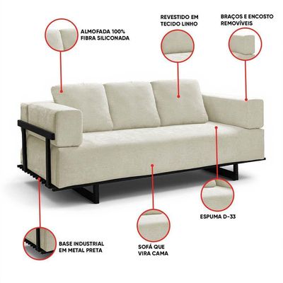 Sofá Cama 2 Lugares Living 200cm Base Industrial Sala Cherie Linho K01 - D'rossi Bege