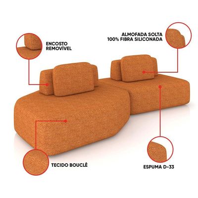 Sofá 2 Lugares Orgânico Com Chaise E 1 Módulo Central Berlim Bouclê Caramelo K01 - D'rossi