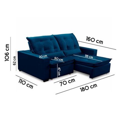 Sofa Retratil Reclinavel 2 Lugares 1,80m Atlantis Veludo Azul Marinho Lansofbr