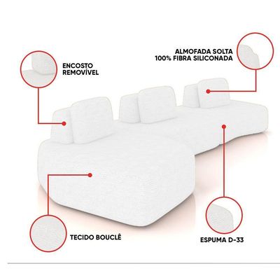 Sofá 3 Lugares Orgânico Com Chaise E 2 Módulos Berlim Bouclê Off K01 - D'rossi Off White