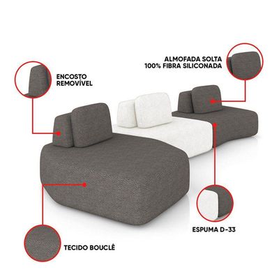 Sofá 3 Lugares Orgânico Com Chaise E 2 Módulos Berlim Bouclê Gf K01 - D'rossi Grafite-off White