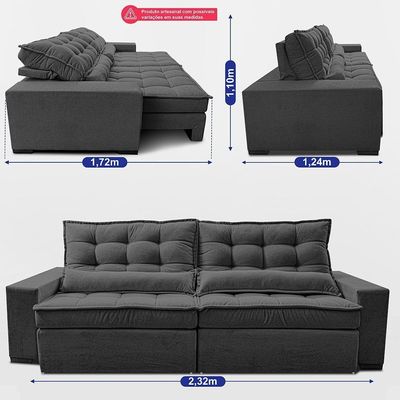 Sofá Retrátil E Reclinável 2,32m Molas Ensacadas Belle. Boucle Cama Inbox Cinza Escuro