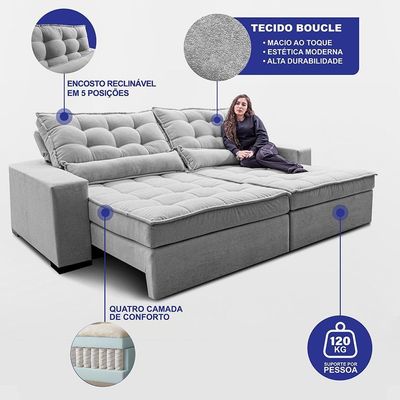 Sofá Retrátil E Reclinável 2,32m Molas Ensacadas Belle. Boucle Cama Inbox Cinza Claro