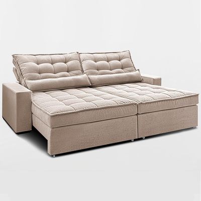 Sofá Retrátil E Reclinável 2,52m Molas Ensacadas Belle. Boucle Cama Inbox Bege Claro