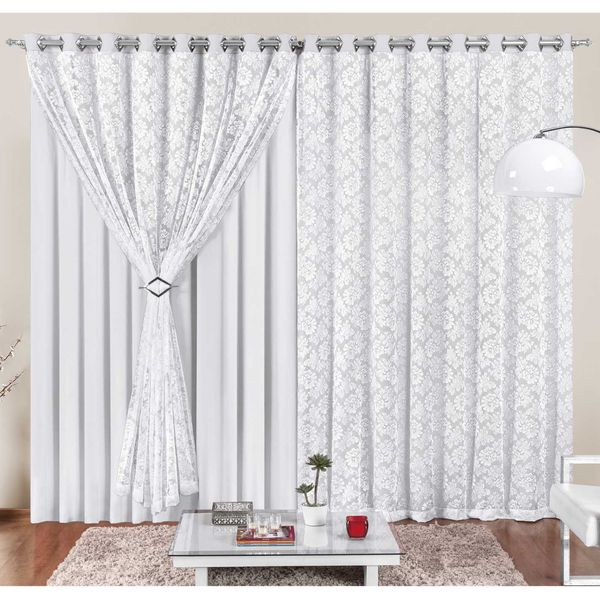 Cortina Yasmin 2 Metros Branca Tecido Malha Com Renda Floral Sala ou Quarto