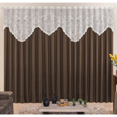 Cortina  Nicole 2 Metros Tabaco Tecido Microfibra Com Renda Floral Sala Quarto