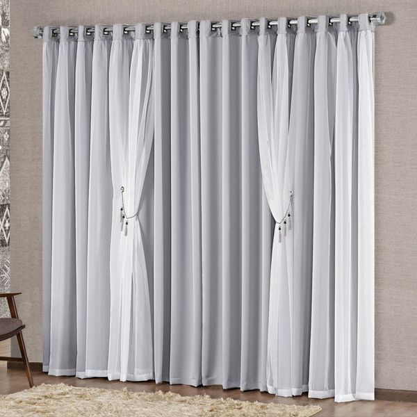 Cortina Mabelle 3,00m x 2,50m Semi Blackout Com Voal Premium Pingentes Sala Quarto - Cinza