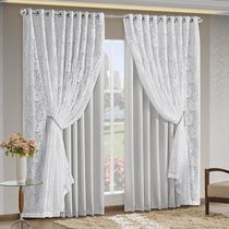 Cortina Monalisa 3,00m x 2,70m Varão Simples Tecido Blackout Com Renda Floral - Gelo