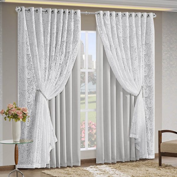Cortina Monalisa 3,00m x 2,70m Varão Simples Tecido Blackout Com Renda Floral - Gelo