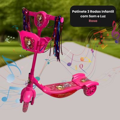 Patinete 3 Rodas Infantil Dobrável com Som e Luz - Rosa