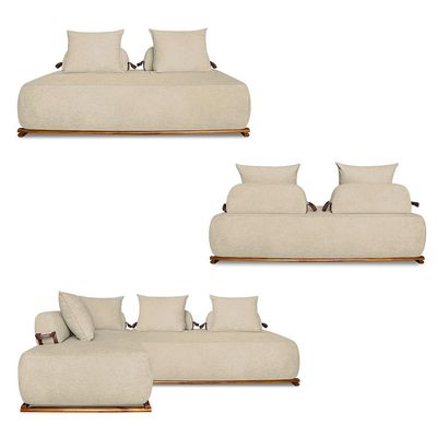 Sofá Modulado 6 Lugares com Almofadas Soltas Pés Madeira Maciça 360cm Homer Bouclê Bege G63 - Gran Belo