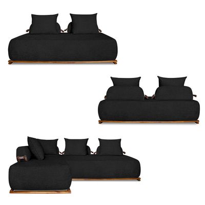 Sofá Modulado 6 Lugares com Almofadas Soltas Pés Madeira Maciça 360cm Homer Bouclê Preto G63 - Gran Belo