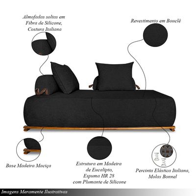 Sofá Modulado 6 Lugares com Almofadas Soltas Pés Madeira Maciça 360cm Homer Bouclê Preto G63 - Gran Belo