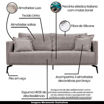 Sofá Decorativo 3 Lugares 200cm Pés em Aço Stagno Linho Areia Rústica - Gran Belo