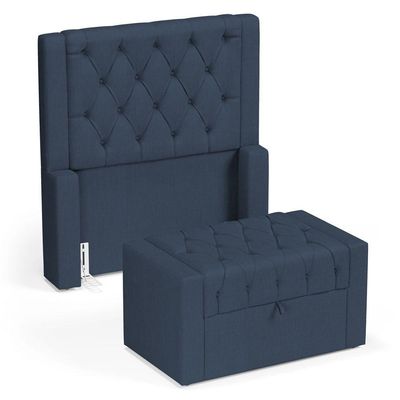 Cabeceira E Calçadeira Báu Solteiro Atena 90cm Capitonê Linho Azul - Desk Design