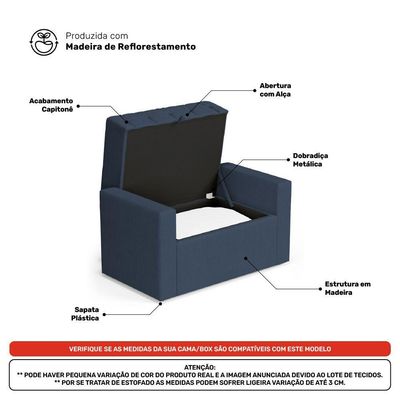 Cabeceira E Calçadeira Báu Solteiro Atena 90cm Capitonê Linho Azul - Desk Design