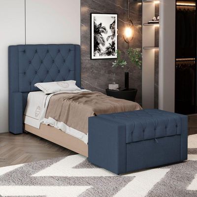 Cabeceira E Calçadeira Báu Solteiro Atena 90cm Capitonê Linho Azul - Desk Design