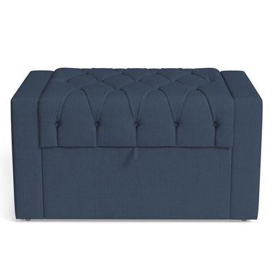 Cabeceira E Calçadeira Báu Solteiro Atena 90cm Capitonê Linho Azul - Desk Design