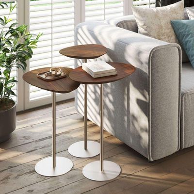 Conjunto De 3 Mesas Laterais Orgânicas Kaleo Base Champanhe Tampo Castanho