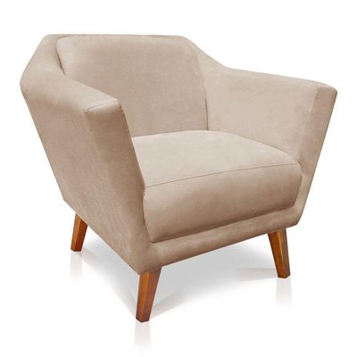 Poltrona Decorativa Lorena Suede Pés Castanho Bege