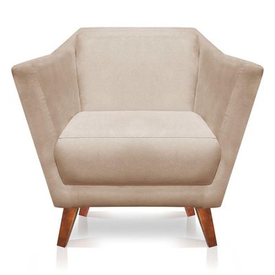 Poltrona Decorativa Lorena Suede Pés Castanho Bege