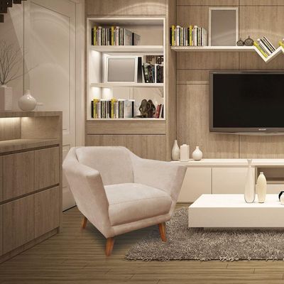 Poltrona Decorativa Lorena Suede Pés Castanho Bege