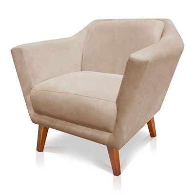 Poltrona Decorativa Lorena Suede Pés Castanho Bege