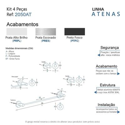 Kit De Acessórios Para Banheiro 4 Peças Grego Metal 2050at