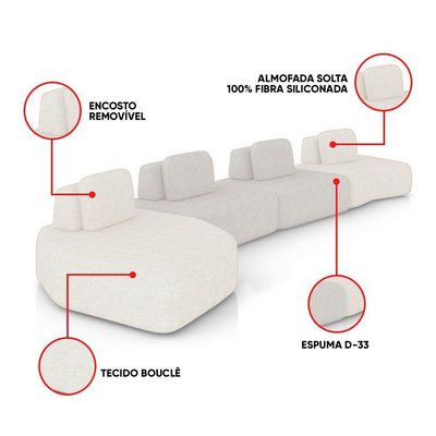 Sofá 4 Lugares Orgânico Com Chaise E 3 Módulos Berlim Bouclê Off White-cinza Claro K01 - D'rossi
